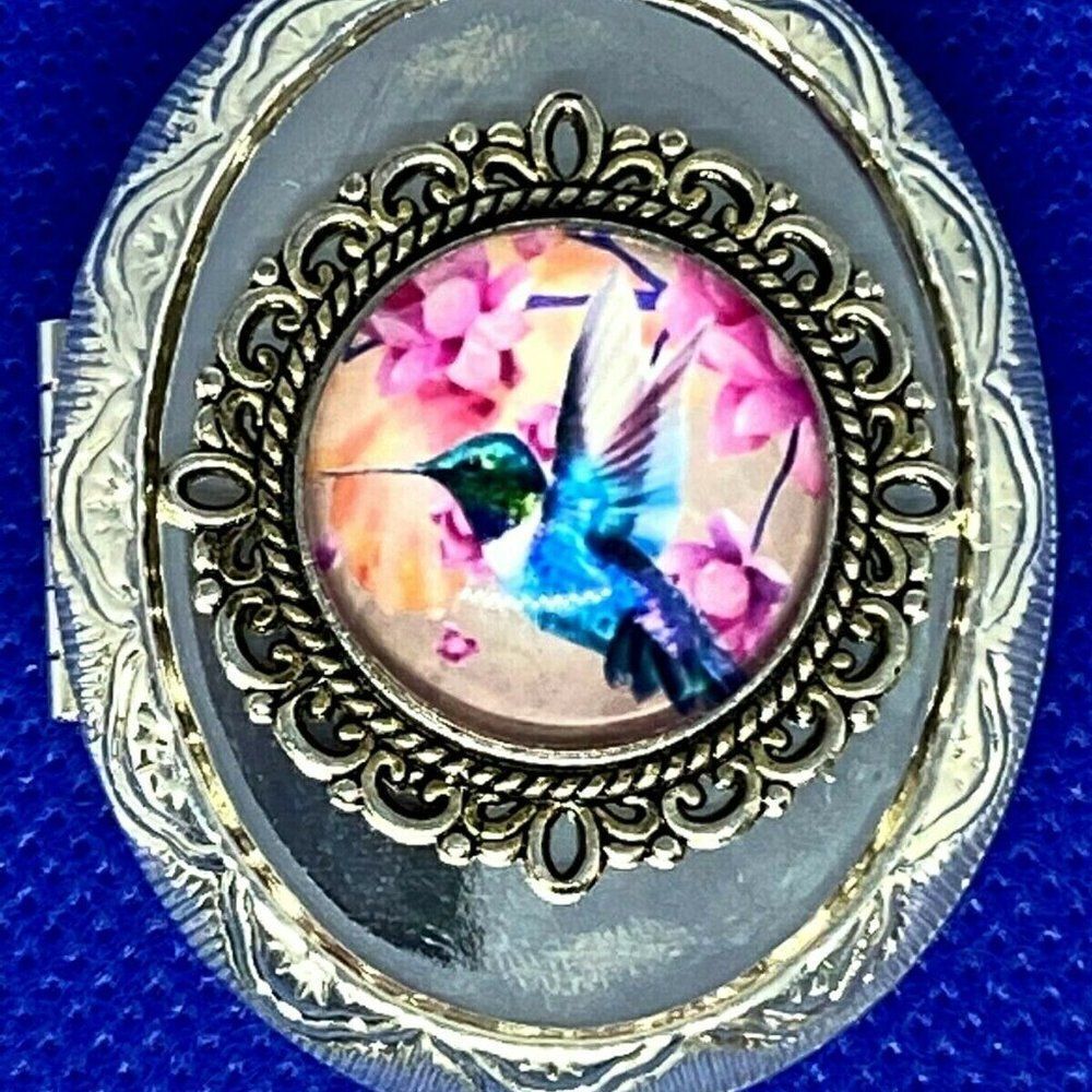 Hummingbird Locket Necklace Silver Pill box fancy